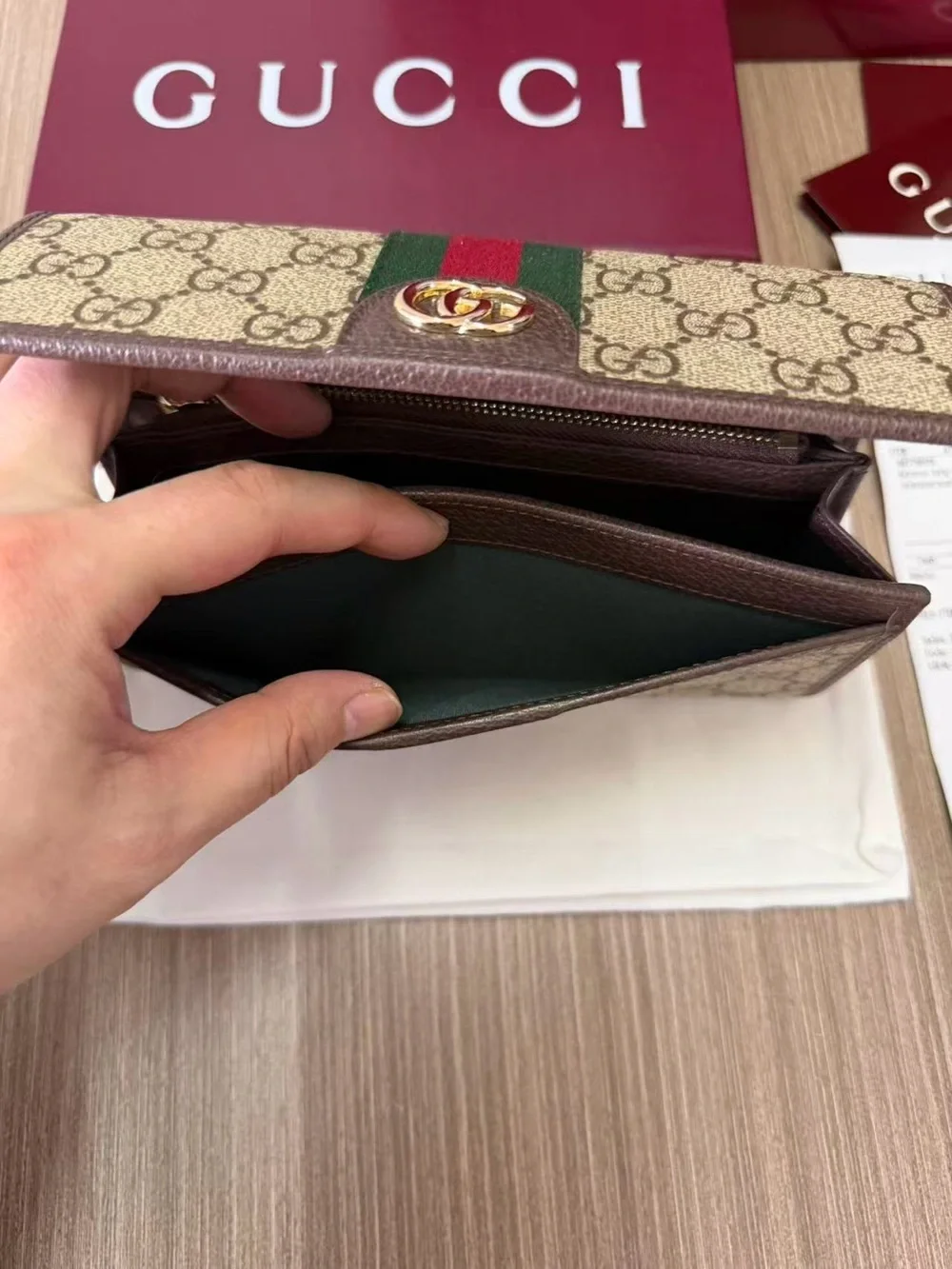 Gucci Beige GG Supreme Canvas Wallet with Green and Red Web